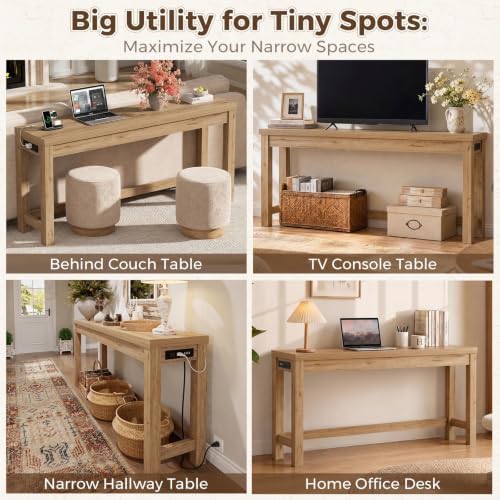 Cyclysio 63" Console Table with Charging Station, 13.8" Deep Farmhouse Sofa Table Behind Couch with 2 AC Outlets & 3 USB Ports, Long Entryway TV Console or Home Office Desk, Natural Oak