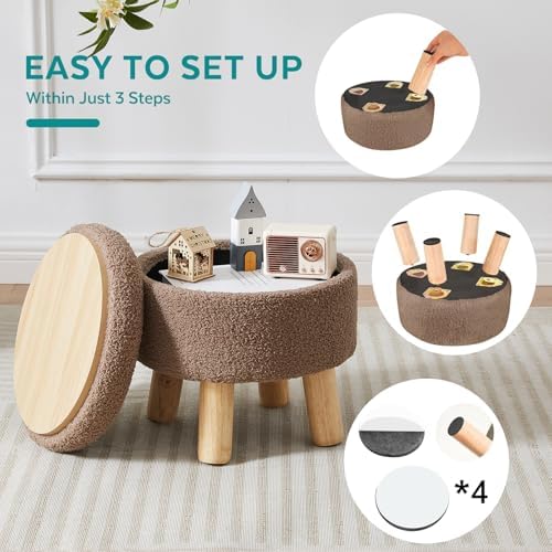 Small Foot Stool Ottoman with Storage, Sherpa Ottoman Foot Rest for Couch, Ro...
