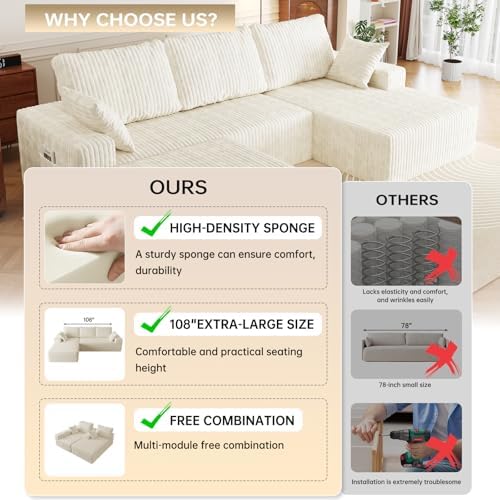 108" U-Shape Modular Sectional Cloud Cream Couch with Ottoman, Deep Seat...
