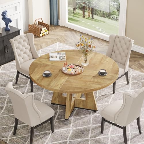 Tribesigns Farmhouse Dining Table, 47 Inch Round Dinner Table for 4, Rustic R...