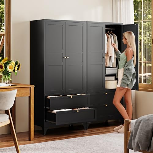Letaya Metal Armoire Wardrobe Closet with Drawers,Clothing Storage Cabinet wi...