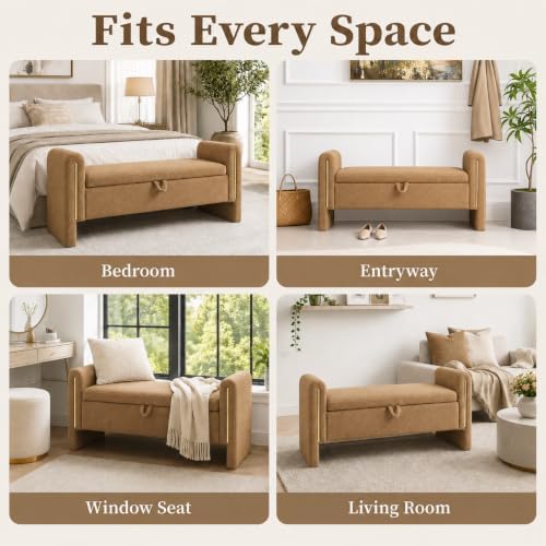 52" Upholstered Storage Bench, Brown, Armrests, Wood Frame | Mid-century...