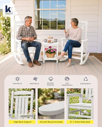 KINGYES Oversized Outdoor Rocking Chairs Set of 2, HDPE Porch Rocker, White |...
