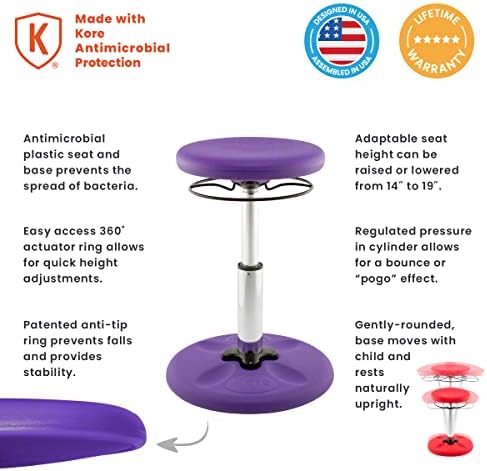 Kore Kids Adjustable Wobble Stool, Ages 6-11, 14-19in Tall, Purple | Flexible seating for classroom and home boosts focus, improves posture and channels energy; anti-tip base; Made in USA