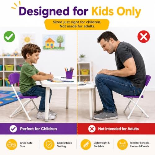 Timmy Kids Plastic Folding Chair, White Kids Chair with Steel Frame, Portable Foldable Child Chair for Classroom, Daycare, Parties & Events, 220 lb Capacity (2, Purple)