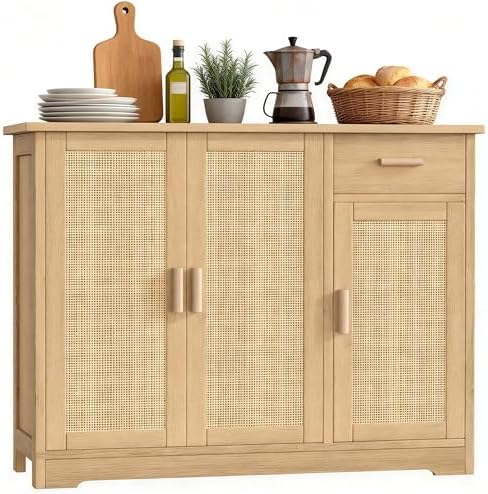 Keehusux Rattan Storage Cabinet with 3 Doors and Drawer, Natural Oak