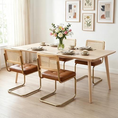 CangLong Natural Rattan Dining Chairs Set of 2, Upholstered Faux Leather Kitc...