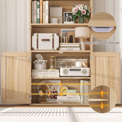 FACBOTALL 82" Tall Bookcase, Farmhouse Bookshelf with Doors,Light Oak