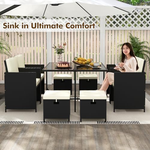 Tangkula 9 Pieces Outdoor Dining Furniture Set, Space-Saving Wicker Rattan Ch...