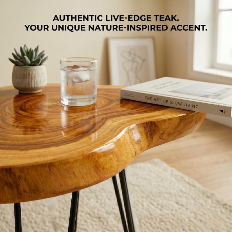 Live Edge Round Wood End Table – Solid Wood Side Table with Mid-Century Hairp...