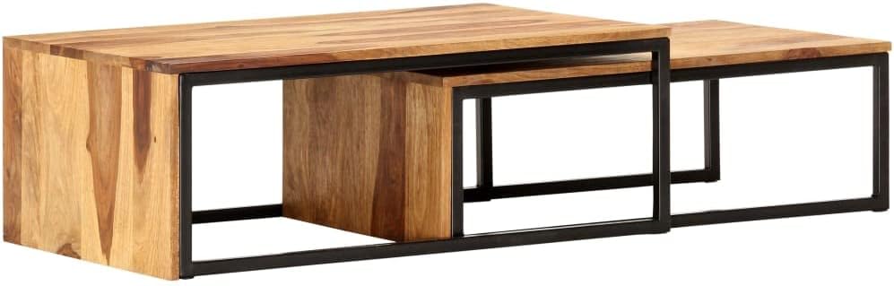 Nesting Tables 2 pcs Solid Acacia Wood | Powder Coated Steel Frame, Stackable...