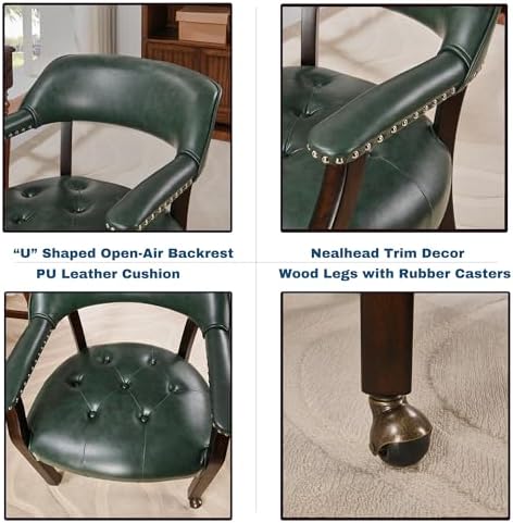 Set of 6 Dining Leather ArmChairs with Casters,Green PU, 360° Move | Accent K...