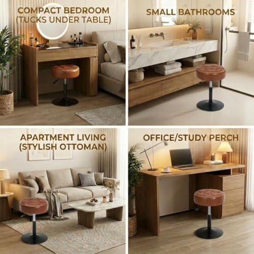 Adjustable Vanity Stool with Round Seat, 360° Swivel Faux Leather Makeup Chai...