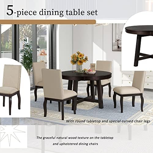 Harper & Bright Designs Round Kitchen Dining Table Set for 4, 5 Piece Far...