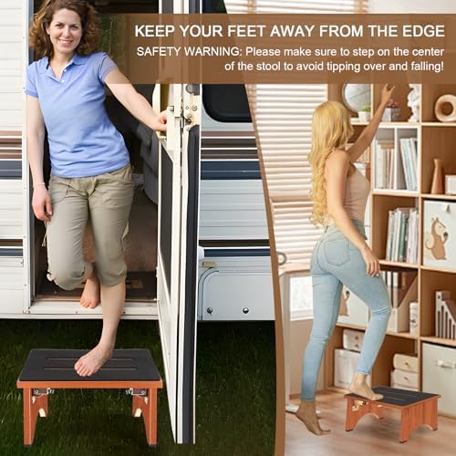 Step Stool Foldable, Wooden Step Stool with Non-Slip Rubber Stepping Feet, Fo...