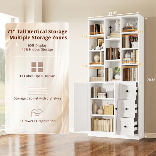 IRONCK Bookshelf with 2 Doors and 3 Drawers, 71" Storage Bookcase, White