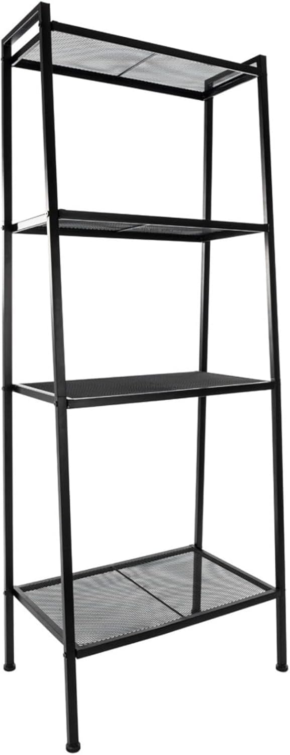 4-Tier Wide Ladder Bookshelf, Black Iron Storage Shelf with Mesh Shelves, Stable Open Display Rack for Living Room, Bedroom, Study and Home Organization