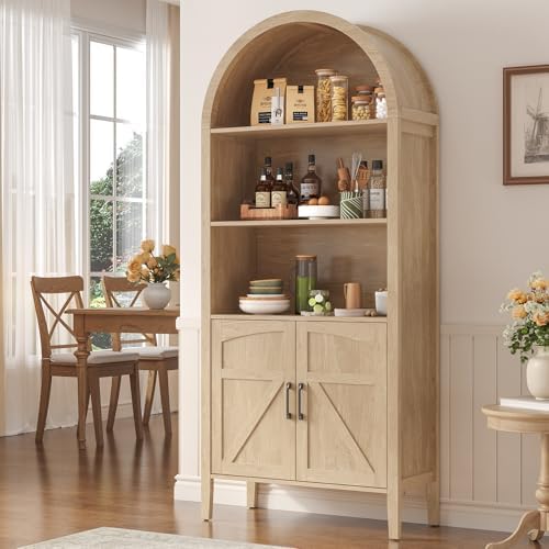 ONBRILL 71" Arched Display Bookshelf, 5-Tier Arched Bookcase W/Door, Oak