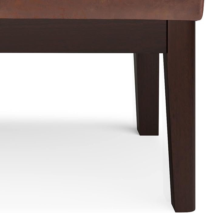 SIMPLIHOME Carlson Ottoman Bench Solid Pine Wood Frame with Faux Leather Upholstery for Living Room, Bedroom, Entryway, 26.4 x 15 x 17.5 inches, Distressed Saddle Brown
