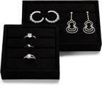 Oirlv 3 Slots Velvet Small Ring Organizer Earrings Trays Showcase Display Storage Insert Holder for Jewelry Box, Drawer, Dresser(Black,S)