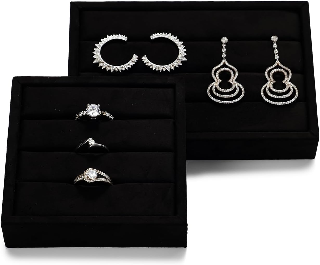 Oirlv 3 Slots Velvet Small Ring Organizer Earrings Trays Showcase Display Storage Insert Holder for Jewelry Box, Drawer, Dresser(Black,S)