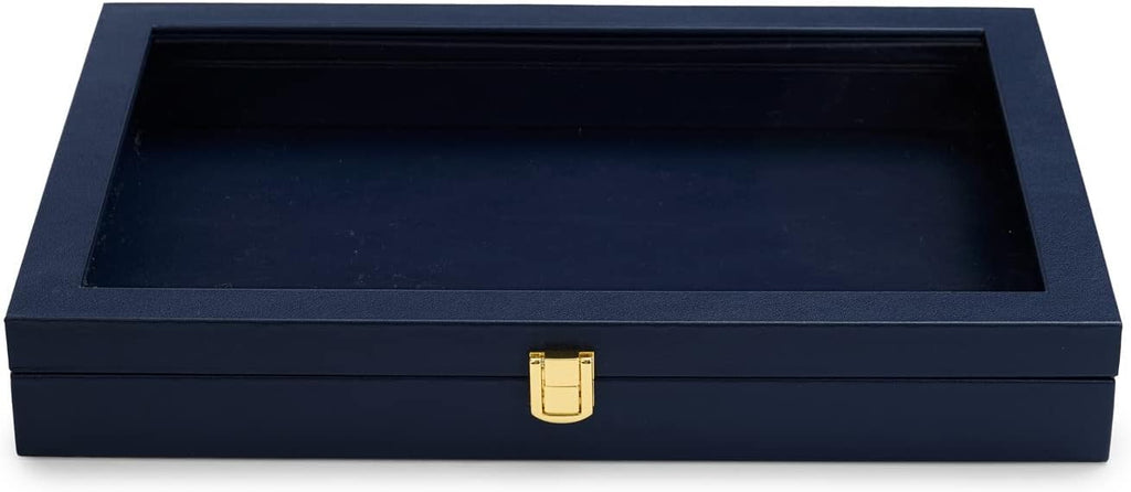Oirlv Premium Blue Leather Flat Jewelry Tray with Acrylic Lid Jewelry Organizer Case Showcase Big Necklace Display Organizer Box with Locks for Security