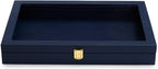 Oirlv Premium Blue Leather Flat Jewelry Tray with Acrylic Lid Jewelry Organizer Case Showcase Big Necklace Display Organizer Box with Locks for Security