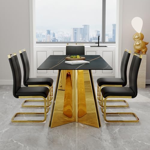 TesNus 7 Pieces Dining Table Set,63" Marble Kitchen Room Table with 6 Black Chairs,Rectangle Sintered Stone Top with Gold Legs,Large Dinner Table Set for 6 Person for Kitchen Dining Room