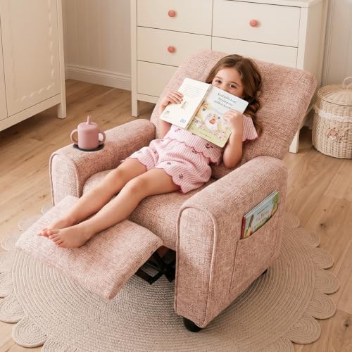 INFANS Kids Recliner, Toddler Lounge Chair with Adjustable Backrest Footrest Cup Holder Side Pockets, Velvet Leather Toddler Couch