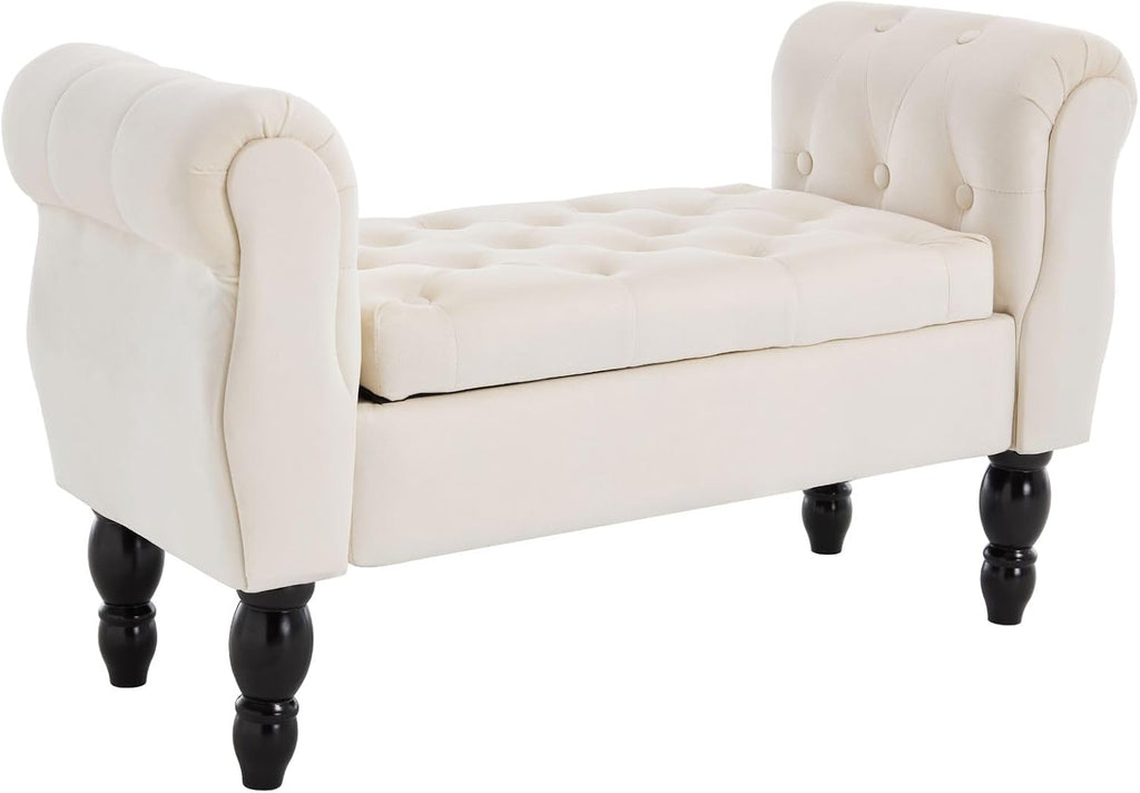 Armed Storage Bench for End of Bed, Modern Velvet Ottoman Bedroom Bench with Wood Legs Upholstered Entryway Bench with Storage, Button Tufted Window Ottoman for Living Room, Reception, Cream