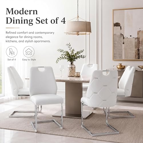 Dining Room Chairs Set of 6, Sillas para Comedor, Modern Dining Chairs Set of 6 with Leather,Geometric Tufted Back,Chrome Leg,Ergonomic Design,Easy to Clean,for Kitchen,Living Room(White,6)