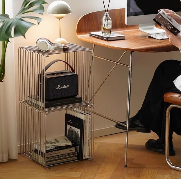Stainless Steel Side Table, Metal Side Table with Wire Cube Storage, Retro Sq...
