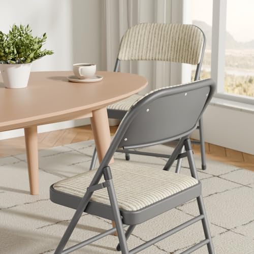 6 Pack Padded Folding Chairs with Fabric Cushion and Back, Oatmeal Stripe | H...