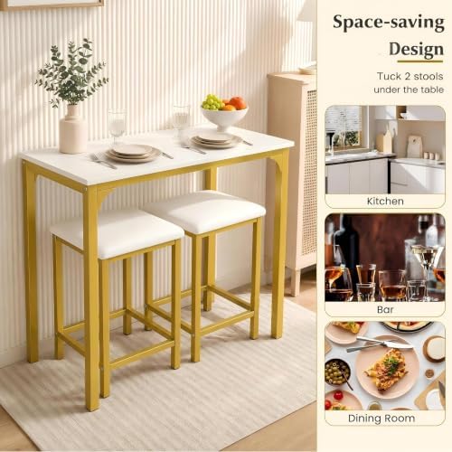 COSTWAY Dining Table Set, Counter Height Table & 2 Upholstered Stools
