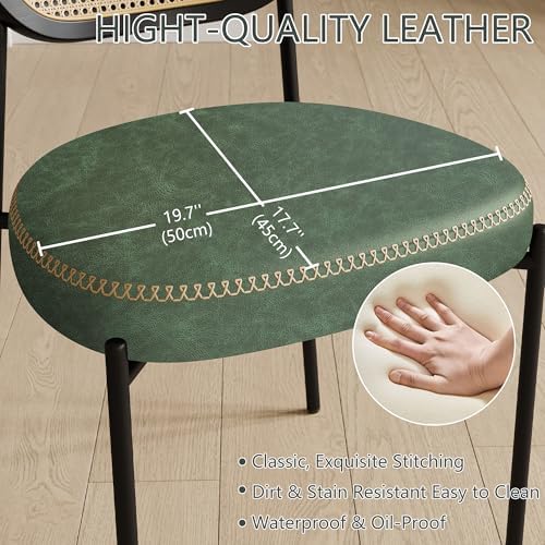 Rattan Dining Chairs Set of 4, Green Leather Upholstered Dining Chairs with R...