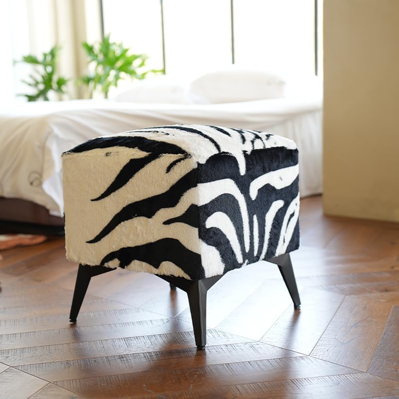 Zebra Print Velvet Ottoman, Plush Upholstered Footstool, Western Style | 16x1...