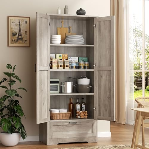 Vongrasig Kitchen Pantry Storage Cabinet with Barn Doors, Drawer and Adjustab...