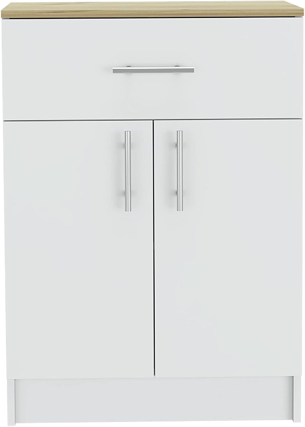 23.6" D*15.9" W*33.5" H Freestanding Storage Cabinet with Dawer & Shelf, Double Door, Natural Wood Top, Rectangular Kitchen Pantry, Modern Minimalist, for Living Room, Dining Room, White