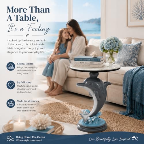 Luxury Dolphin Side Table, White Faux Marble Top Accent End Table, Decorative Animal Sculpture Furniture for Living Room, Bedroom, Entryway Home Decor