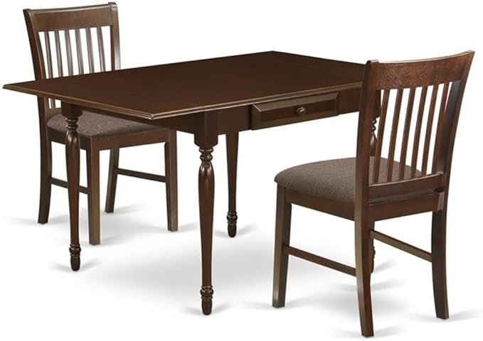 East West Furniture MZNO3-MAH-C 3 Piece Dinette Set for Small Spaces Contains a Rectangle Dining Table with Dropleaf and 2 Linen Fabric Dining Room Chairs, 36x54 Inch, Mahogany