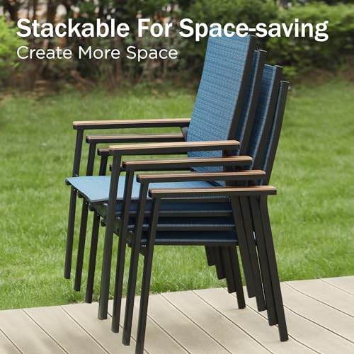 PHI VILLA Outdoor Dining Set for 6, Metal Table w/Aluminum Chairs, Blue