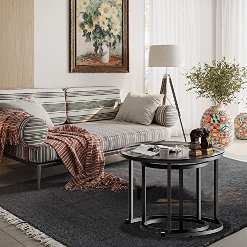 aboxoo Black Nesting Coffee Glass Table Set of 2, Metal Freme Side End Tables...