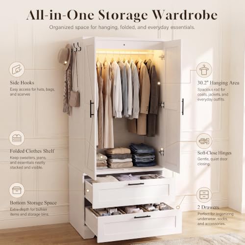 YESHOMY 70.9" Wooden Armoire Wardrobe Closet with Sensor Light(White)