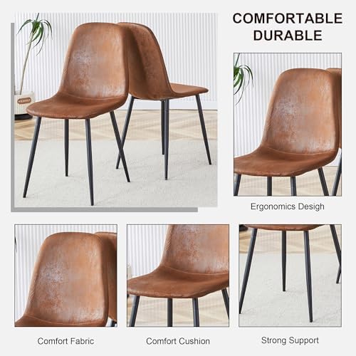 47" Round Dining Table Set for 4, Walnut Wood Grain Table and 4 Brown Suede Upholstered Chairs Set, Mid Century Modern Kitchen Table Set with Cross Legs
