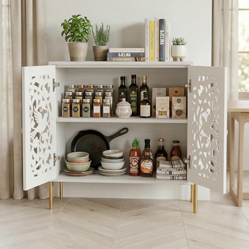 DHZ Accent Cabinet with Doors, Hollow-Carved Pattern Buffet Cabinet with Stor...