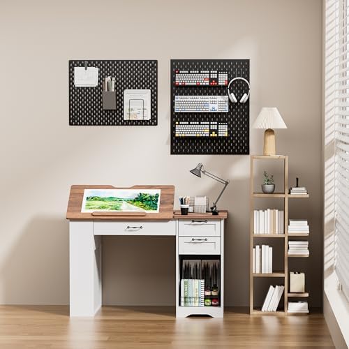 Drafting Table with Storage Cabinet & Drawers, Adjustable Drawing Desk wi...