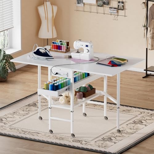 PAKASEPT Height Adjustable Sewing Cutting Table with Charging Station, Foldin...
