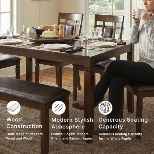 Signature Design by Ashley 6-Piece Dining Table Set with Bench, Dark Brown