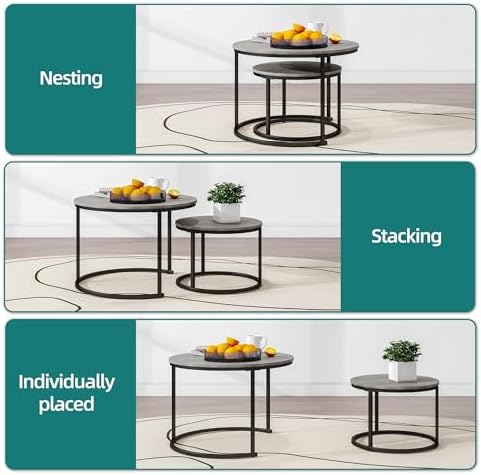 HOJINLINERO Round Nesting Coffee Tables Set of 2,Black+Warm Grey,Large | Cent...