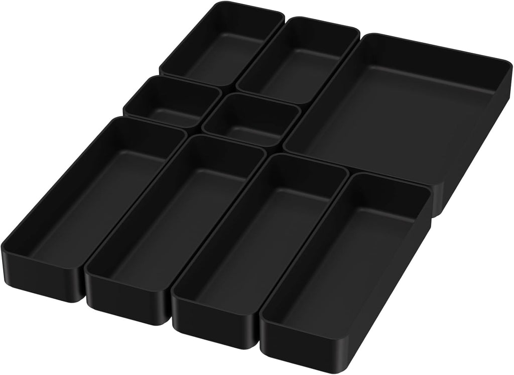Black Bathroom Drawer Organizer Trays: 9 PC Stackable Desk Organizers Bin | vanity office kitchen modern shallow containers modular storage
